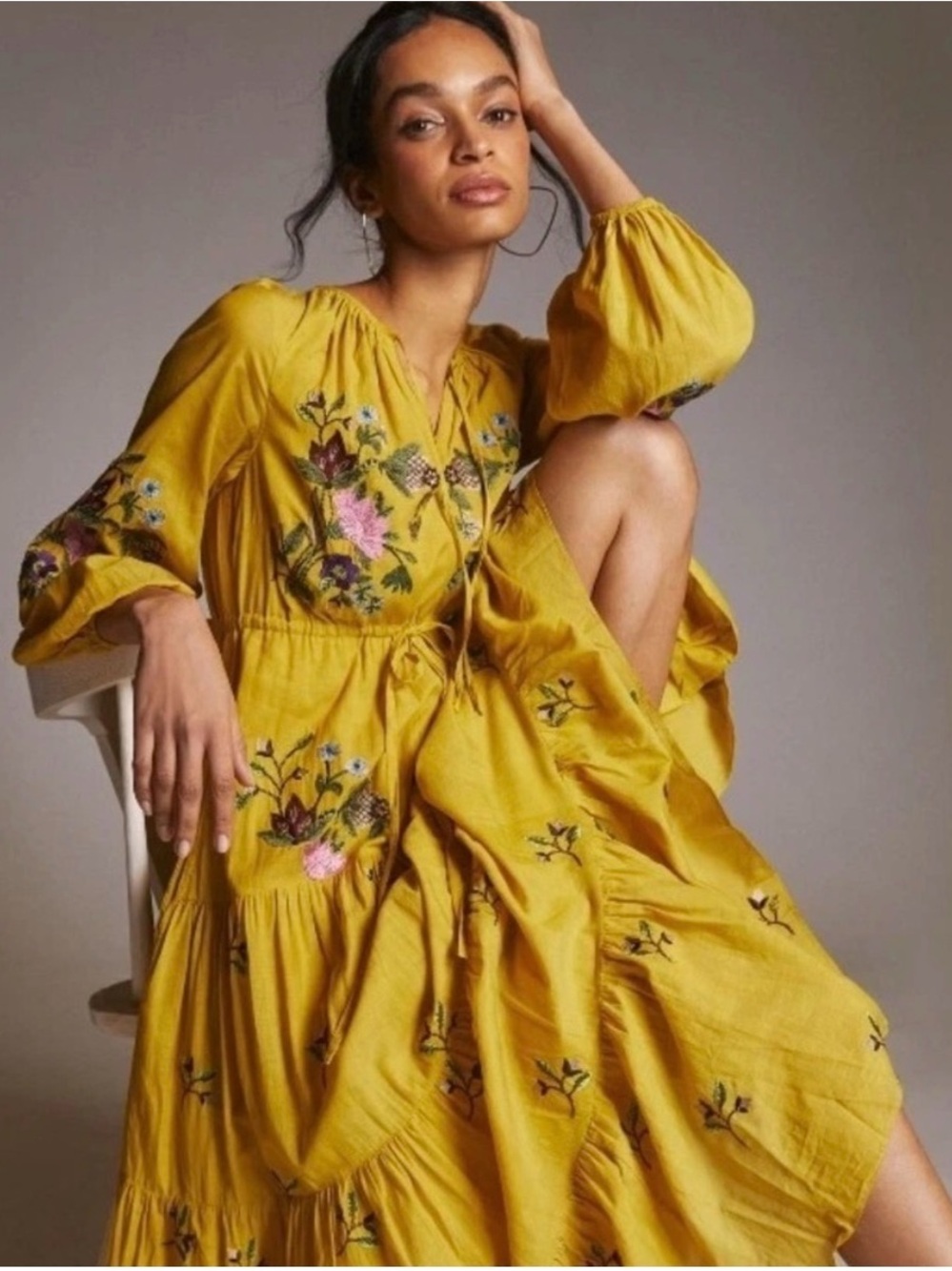 Yellow Floral Embroidered Tie-Waist Women’s Dress Layered Tiered.